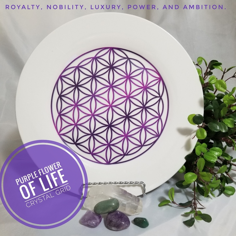 Flower of Life Ceramic Crystal Grid White and Purple  10.5"